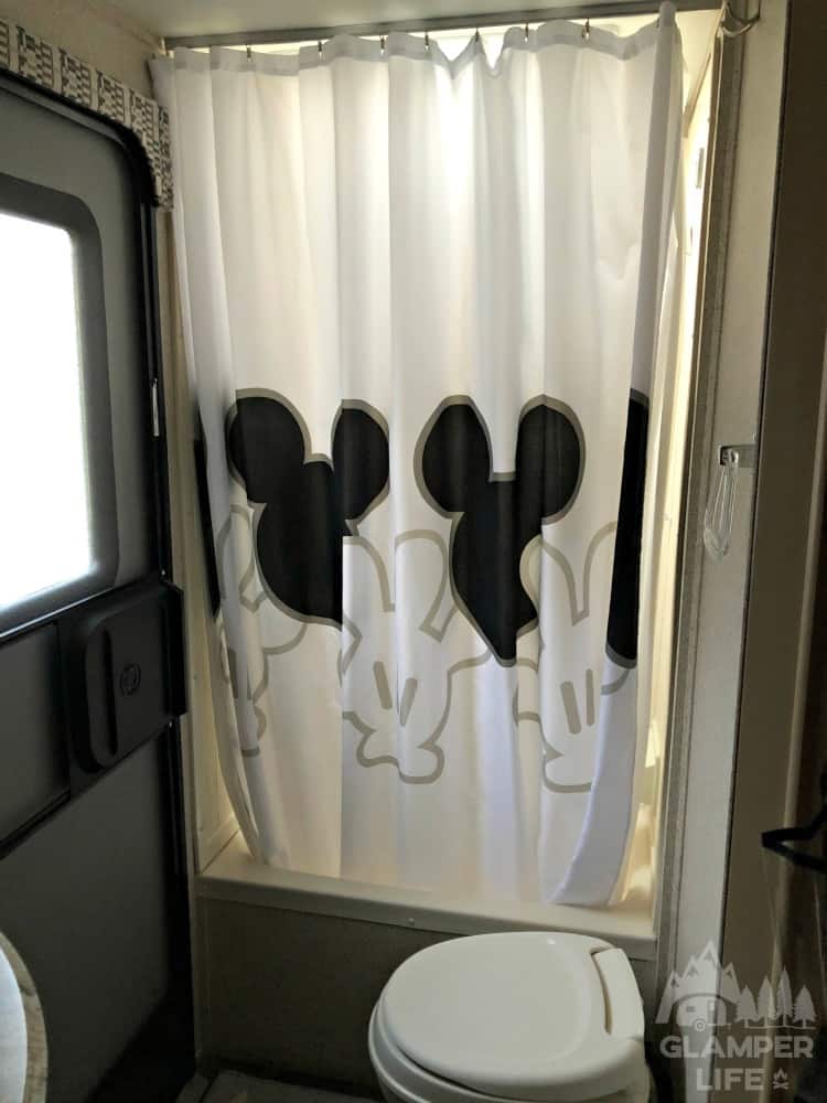 Mickey Mouse shower curtain in RV