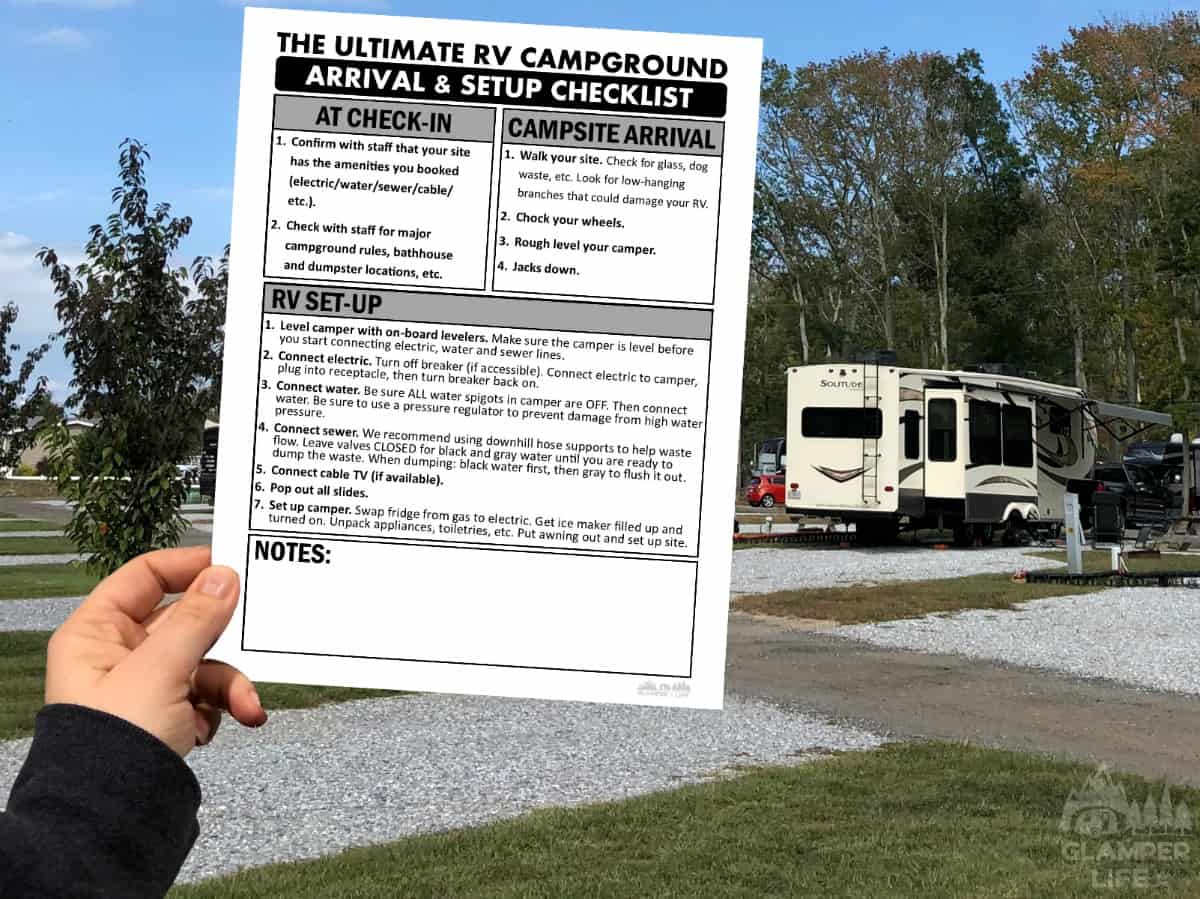 RV Campground Arrival Printable Checklist