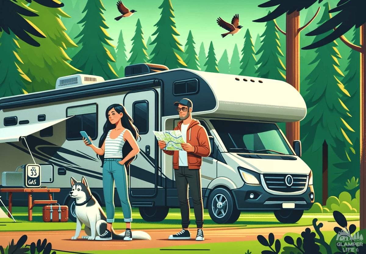 Campers-with-map-and-Smartphone-outside-RV