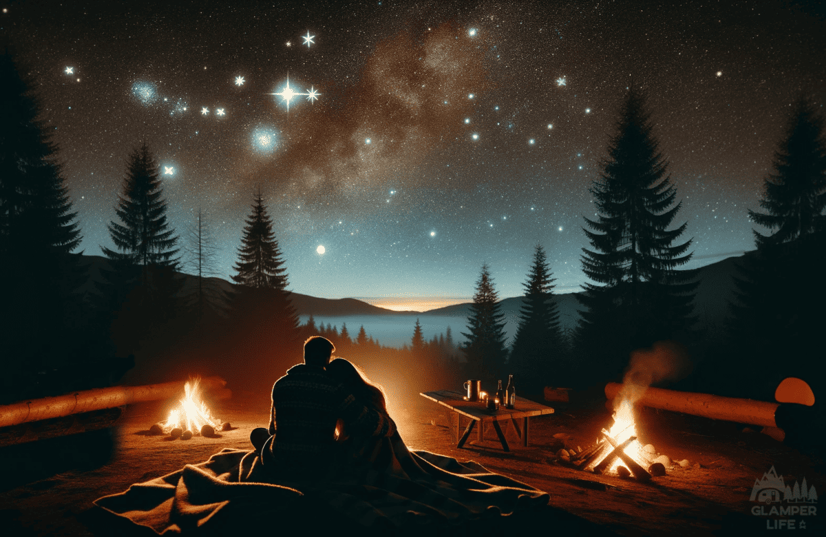 Couples-by-campfire-stargazing